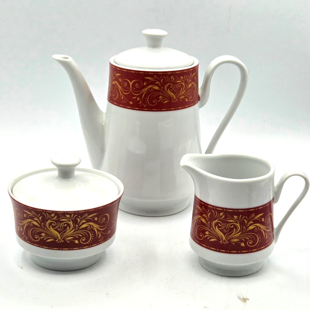 Chris Madden Teapot Creamer Sugar Chambour Red Gold Scroll Pattern